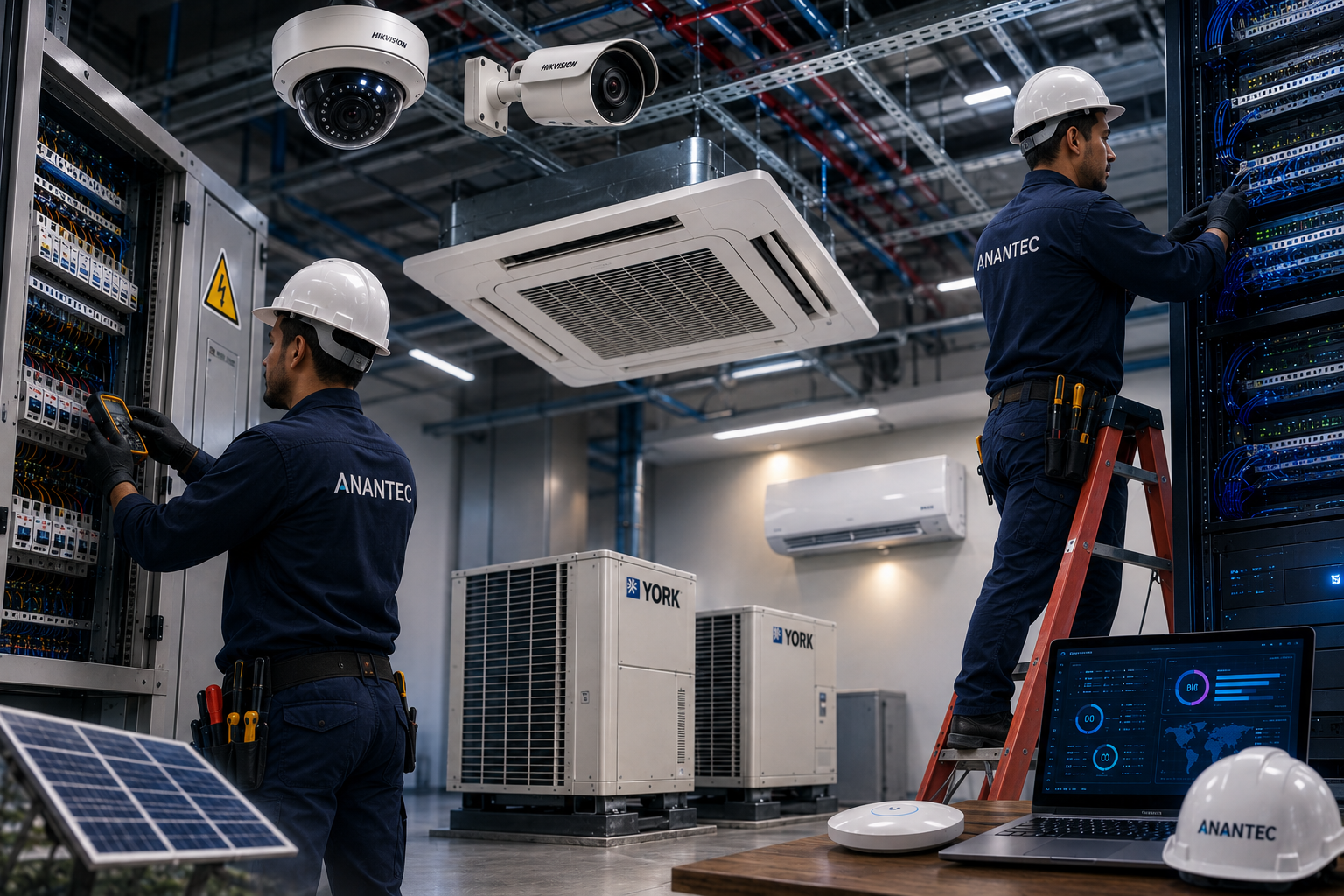 Técnicos ANANTEC trabajando en infraestructura tecnológica, eléctrica y climatización